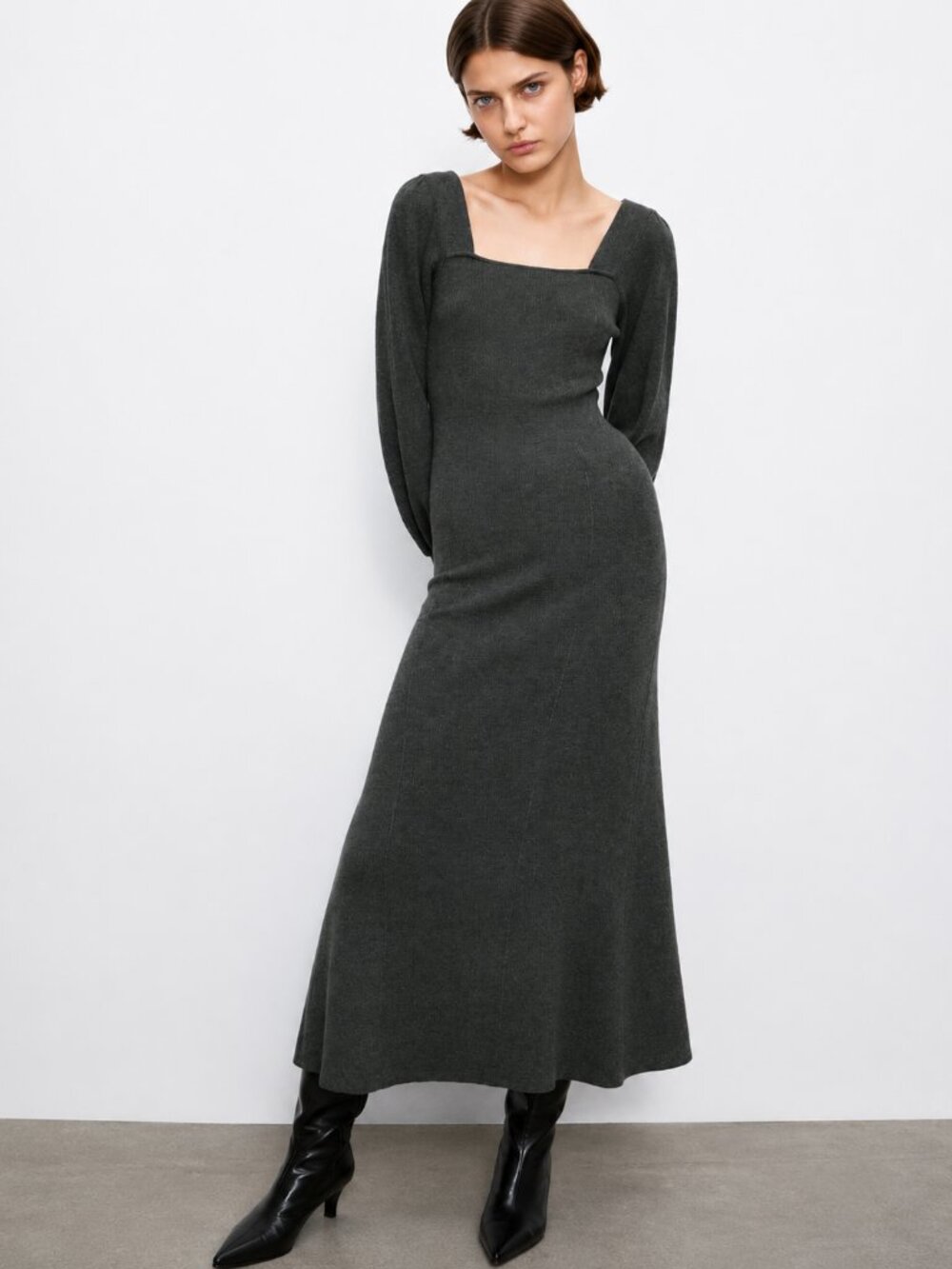 ZARA Ribbed Knit Balloon Sleeve Midi Sweater Dress | Gray SZ S
